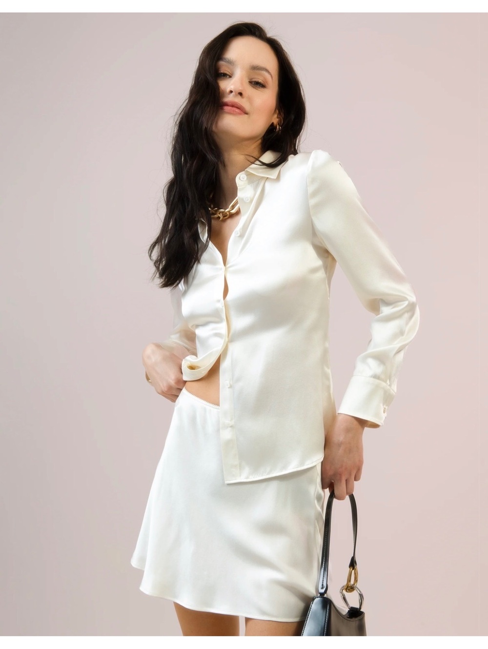 Kourt By Few Moda Eliana Silk Long Sleeve Top Button up Size Medium Ivory